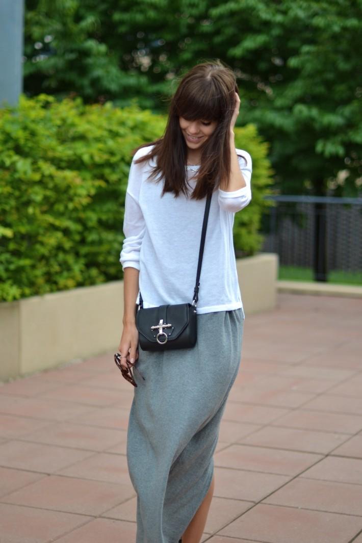 outfit gray maxi dress white sweater
