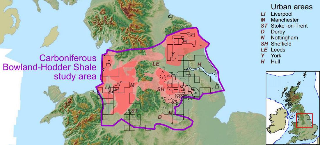 Location of the DECC/BGS study area in central Britain, together with prospective areas for shale gas, currently licensed acreage and selected urban areas. Other shale gas and shale oil plays may exist. (Credit: Andrews, I.J. 2013. The Carboniferous Bowland Shale gas study: geology and resource estimation. British Geological Survey for Department of Energy and Climate Change, London, UK)