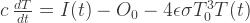 c \: \frac{dT}{dt} = I(t) - O_0 - 4 \epsilon \sigma T_0^3 T(t) 
