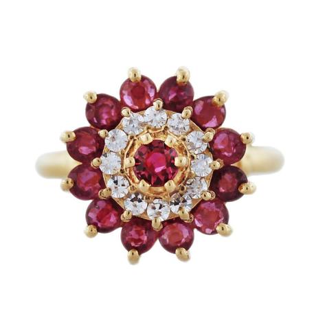 Yellow Gold Ruby and Diamond Floral Ring yellow gold, diamond and ruby flower ring, ruby flower ring, birthstone rings