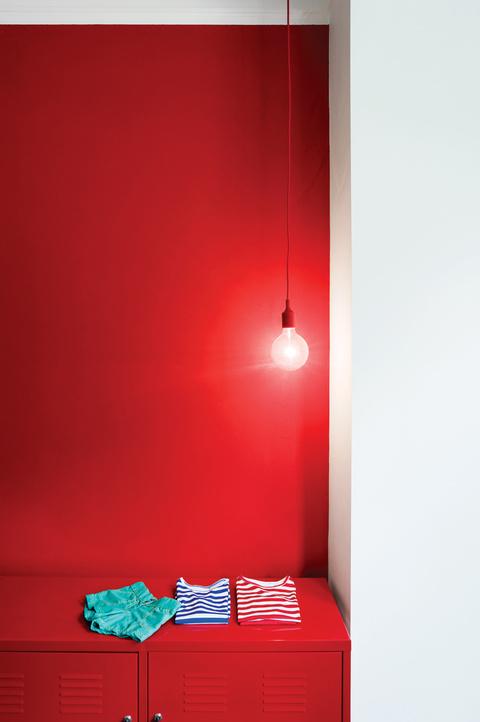 Red locker storage with hanging E27 pendant lamps 