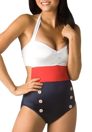 Retro Sailor Monokini by Fables by Barrie - Red, Blue, White, Buttons, Cutout, Casual, Nautical, Vintage Inspired, Halter, Tank top (2 thick straps), Summer