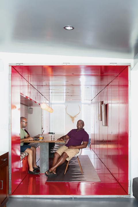 Modern painted red tunneled kitchen