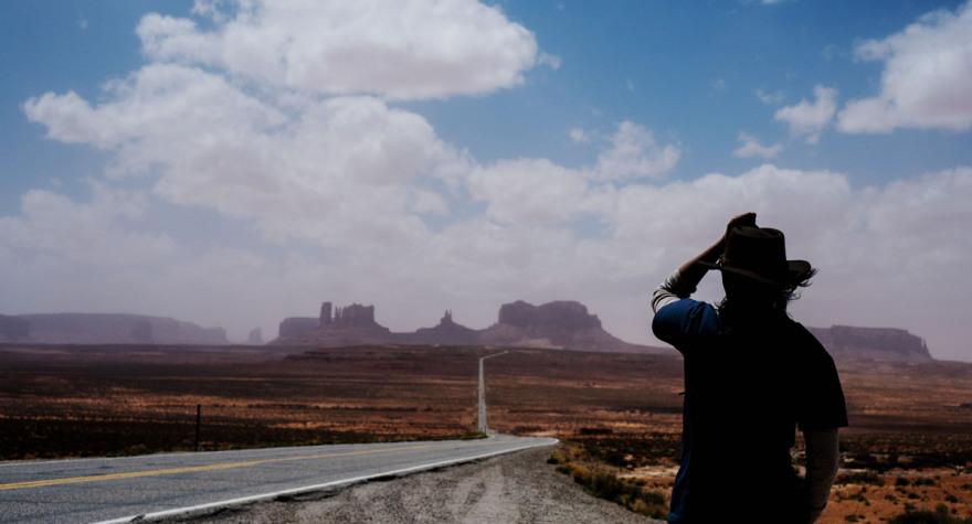 Charlene, sandstorm and the road to Monument Valley.