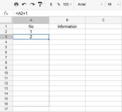 Drag numbers in Google Excel Spreadsheet to Increment Numbers.