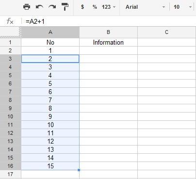 Google Excel Spreadsheet Drag Numbers with Formula to Increment.