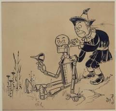 Scarecrow gives the Tin Woodman a hand in Denlow's original illustration