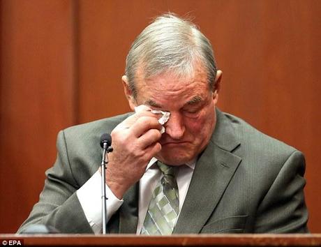 Emotional: John Donnelly, a friend of George Zimmerman, dries his eyes after listening to screams on the 911 tape entered in evidence, which he said belongs to the 29-year-old 