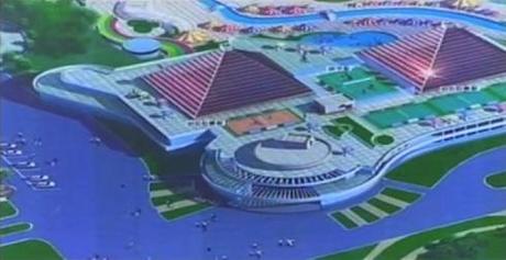 Twin pyramids which are part of the design for the Munsu Wading Pool in Pyongyang (Photo: KCTV/KCNA screengrab).
