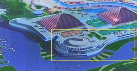 A planned structure planned on the southern perimeter of the Munsu Wading Pool.  A structure with a similar design is planned to abut this building and can be seen in the bottom right of the design's poster (Photo: KCTV/KCNA screengrab).