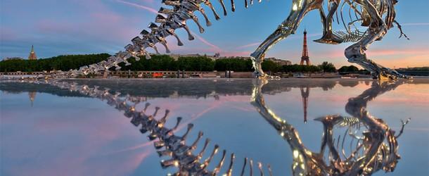 Life-Size Chrome T-Rex Dinosaur Skeleton installed in Paris