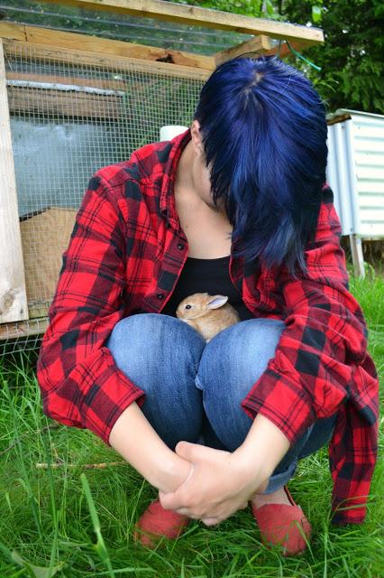 Blue hair, short hair styles, plaid, street style, bunny, baby animal, rabbits, farm