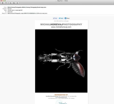 Email photography promo from San Francisco based photographer Michal Horevaj of an insect photoshopped photoshop fly with wings bug