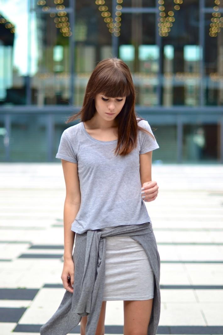 basic all gray look shirt wrapped around waist