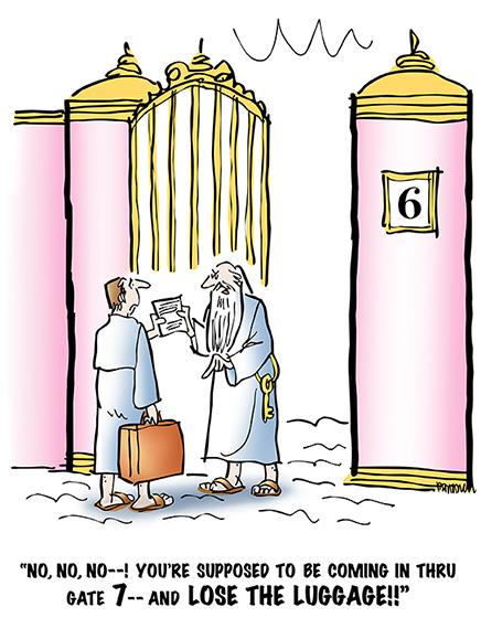 Christian man with suitcase has died and gone to heaven, meeting St. Peter at Pearly Gates as described in bible in Book of Revelation which states heaven has 12 gates made of pearl