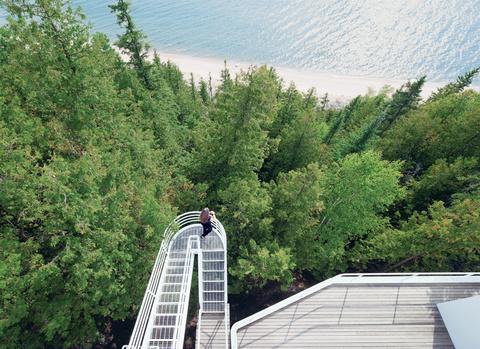 white stepped walkway of Lake Michigan home 