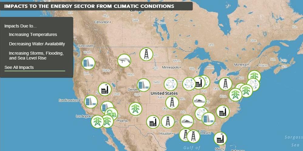 Impacts to the US energy sector from climate conditions. (Source: U.S. Department of Energy) A detailed legend can be found on http://energy.gov/articles/climate-change-effects-our-energy.