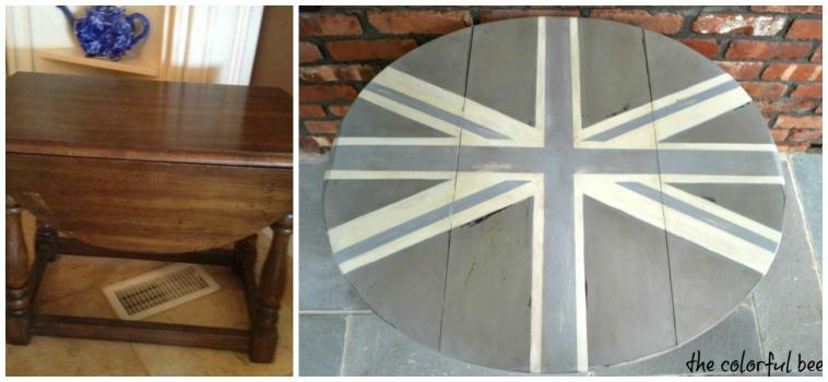 a before and after pic of a painted Union Jack table with Annie Sloan Chalk Paints