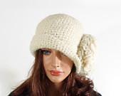 Crochet Cloche Hat with Large Flower - Natural White - UnlimitedCraftworks