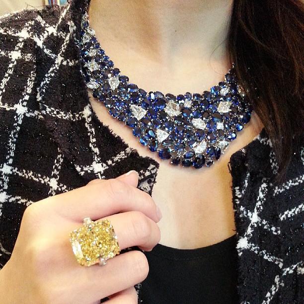 Leviev's Desert Horizon diamonds sapphire necklace and 35.08ct fancy intense yellow diamond ring