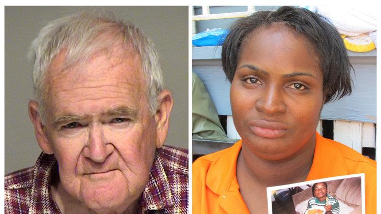 John Henry Spooner, left; Patricia Larry, right, holds a photo of her slain son, Darius Simmons (AP)