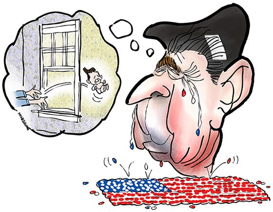 illustration for essay on Americana and Ronald Reagan showing Reagan as baby being passed thru apartment window and caricature of adult Reagan crying nostalgic jelly bean tears with beans falling into shape of American flag