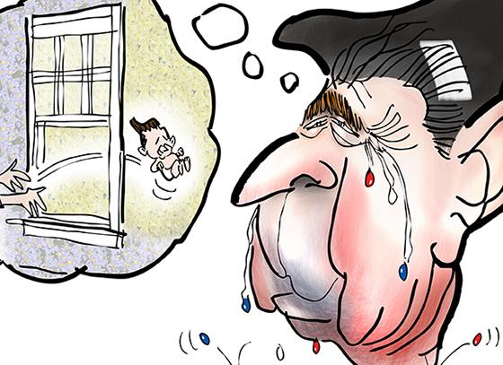 detail from illustration for essay on Americana and Ronald Reagan showing Reagan as baby being passed thru apartment window and caricature of adult Reagan crying nostalgic jelly bean tears with beans falling into shape of American flag