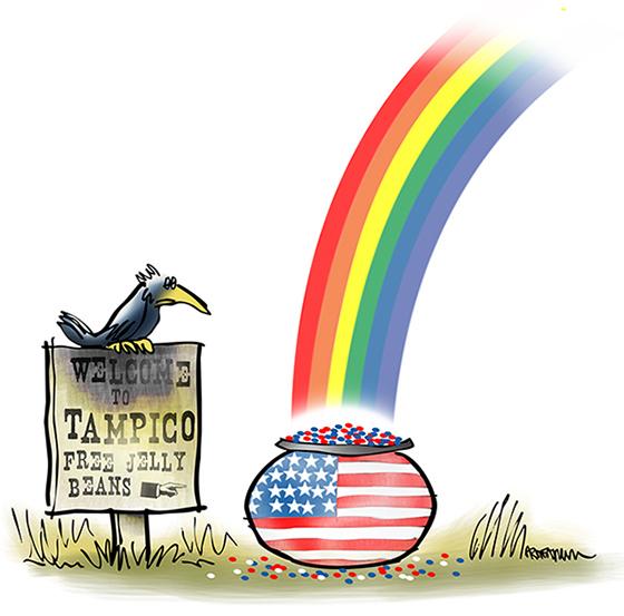 illustration for essay on Americana and Ronald Reagan showing crow sitting on Welcome To Tampico Illinois sign with rainbow falling on kettle full of red white blue jelly beans with American flag painted on it