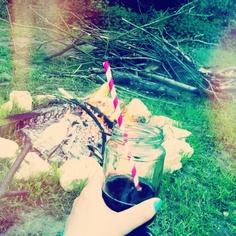 JD and coke round the campfire from jars with paper straws! Bliss #camping #glamping