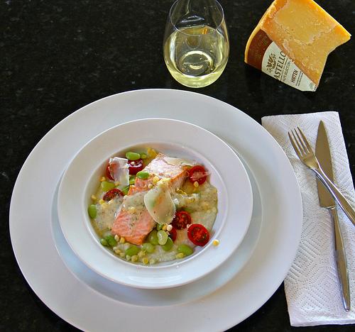 Poached Salmon over Hirten Cheese Grits with Summer Succotash #CastelloMoments