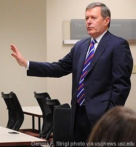 Dennis F. Strigl, former CEO of Verizon Wireless, speaks to MBA students in the Strategy and Organization Consulting course at the USC Marshall School of Business.
