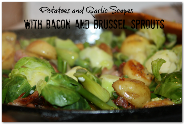 Potatoes and Garlic Scapes with bacon and brussel sprouts