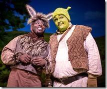 James Earl Jones II as Donkey and Michael Aaron Lindner as the lovable ogre Shrek become newfound friends on an adventure to rescue the Princess Fiona in Chicago Shakespeare Theater’s production of Shrek The Musical, staged and choreographed by Rachel Rockwell. (photo credit: Liz Lauren)