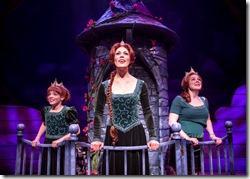 Princess Fiona awaits her knight in shining armor from her tower, as portrayed by Caroline Heffernan as Young Fiona, Summer Smart as Princess Fiona, and Rebecca Pink as Teen Fiona in the song “I Know It’s Today” in Chicago Shakespeare Theater’s production of Shrek The Musical, staged and choreographed by Rachel Rockwell. (photo credit: Liz Lauren)