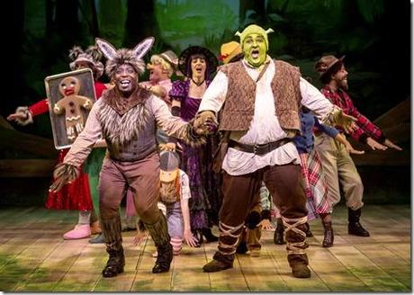 James Earl Jones II as Donkey and Michael Aaron Lindner as Shrek with the ensemble of exiled fairy tale characters embracing their individuality in the song “Freak Flag” in Chicago Shakespeare Theater’s production of Shrek The Musical, staged and choreographed by Rachel Rockwell. (photo credit: Liz Lauren)