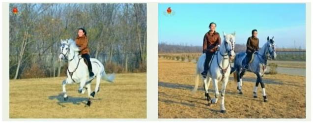 Kim Yo Jong (L) attending her older brother Kim Jong Un's visit to the KPA Equestrian company (currently known as the Mirim Riding Club) in November 2012.  In the image on the right she is seen riding along side her aunt, KWP Secretary Kim Kyong Hui (Photos: KCTV screengrabs)
