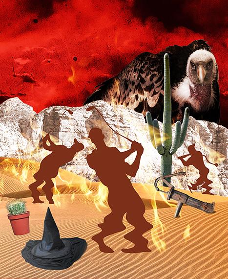 third stage of photo-illustration titled Got Hydration? showing three silhouette golfers melting in desert on flaming burning sand surrounding by cactus, wicked witch hat puddle, and rusty water pump, being watched by giant buzzard or vulture