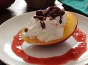 Mango Stuffed with Lime Strawberry Cream, Topped 5-Spiced Granola Hibiscus Drizzle