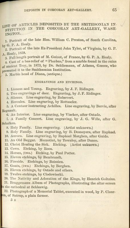 List of Articles Deposited by the Smithsonian Institution in the Corcoran Gallery of Art, 1874, Smithsonian Institution Archives, Reading Room, Annual Report of the Smithsonian Institution for 1874, Negative Number SIA2011-1461.