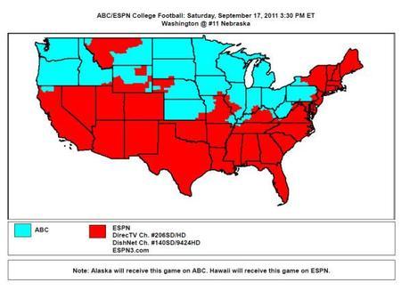 NEBRASKA FOOTBALL: Coverage Map for Washington-Nebraska