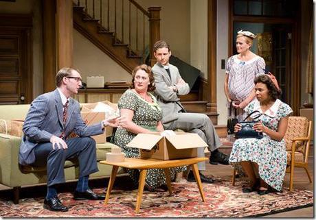 (left to right) Cliff Chamberlain, Kirsten Fitzgerald, Brendan Marshall-Rashid, Stephanie Childers and Karen Aldridge in Steppenwolf Theatre Company’s production of Clybourne Park by Bruce Norris, directed by ensemble member Amy Morton.  Photo by Michael Brosilow.