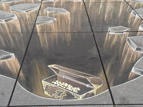 Paris Street art
Taken next to the George Pomidou Center in the middle of Paris, this cool piece of chalk art makes you feel tiny and vulnerable as you atnd at the edge and look down into a pit containing a treasure chest at the bottom.
xoxo LLM