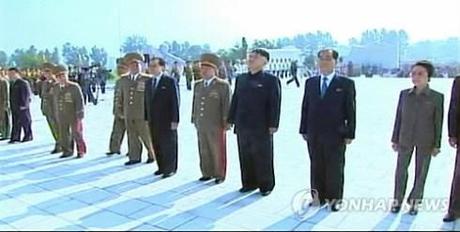 Kim Jong Un (3rd R) attends a ceremony opening the Fatherland Liberation War Martyrs' Cemetery in Pyongyang on 25 July 2013.  Also seen in attendance is his aunt KWP Secretary Kim Kyong Hui (R), DPRK Premier Pak Pong Ju (2nd R), VMar Choe Ryong Hae (4th R), NDC Vice Chairman Jang Song Taek (5th R) and Chief of the KPA General Staff Gen. Kim Kyok Sik (6th R) (Photo: KCTV-Yonhap).