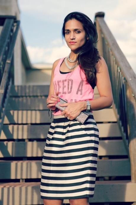 bershka tank, banana republic Striped skirt, chain necklaces, shop jami, tanvii.com, 