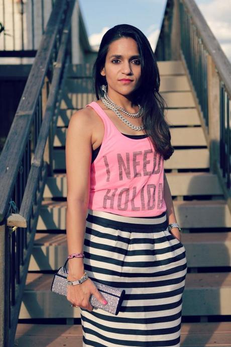 bershka tank, banana republic Striped skirt, chain necklaces, shop jami, tanvii.com, 