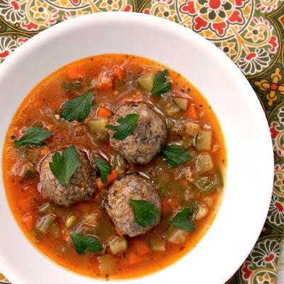 Barley, Mushroom Chicken Meatballs in a Spicy Tomato Broth