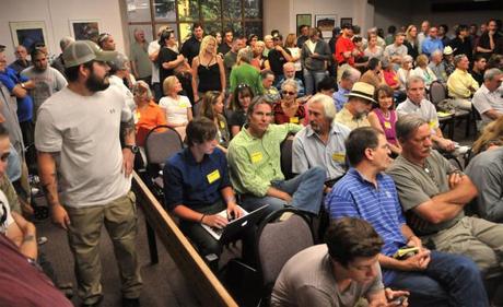 The Santa Fe City Council’s meeting room was filled to overflowing for Wednesday’s hearing on a plan to ban gun magazines with more than 10 rounds. (Greg Sorber/journal)