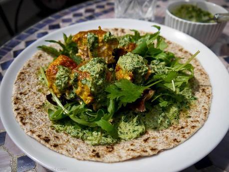 Salmon Tikka Chapati with Mint and Coriander Raita