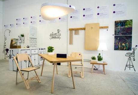 Folding furniture chair from Folditure, sound-absorbing ceiling light by Luceplan, flatpack tables from Studio Gorm