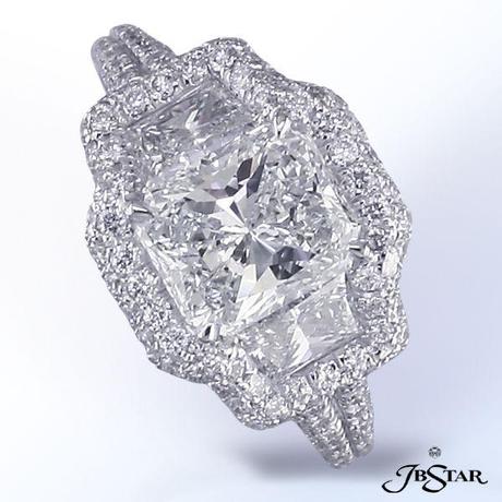 JB Star radiant cut three stone halo diamond engagement ring
